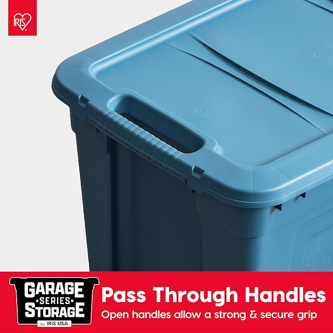 IRIS USA 31 Gallon Eco-Friendly Heavy Duty Storage Totes with Easy-Grip Handles, 4 Pack - Large Bins with Lids Garage Organizing Tubs, Durable Stackable Utility Containers, Made in USA - Navy