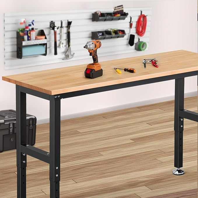 ENJOYWOOD 60" x 22" Heavy Duty Workbench Adjustable Height Garage Work Table with Solid Rubberwood Top for Workshop, Home & Office