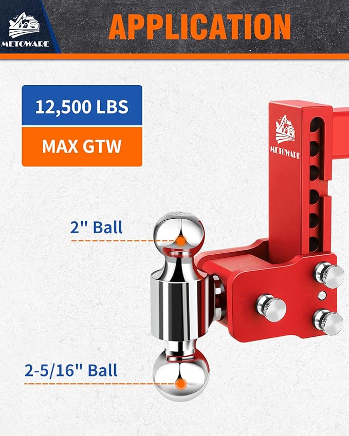 METOWARE Adjustable Trailer Hitches Fits 2 Inch Receiver, Adjustable Ball Mount with 6-Inch Drop/Rise (12,500 LBS GTW), Dual Ball (2'' x 2-5/16'') and Anti-Theft Stainless Steel Trailer Lock (Red)