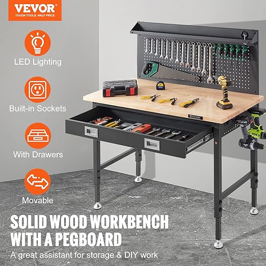 VEVOR Workbench Adjustable Height 28-39.5'' Work Bench for Garage Oak Plank & Carbon Steel Heavy Duty Workbench 2000lbs Weight Capacity top Size 48x24 Hardwood Workbench 3m Cable 30 Hooks, Black