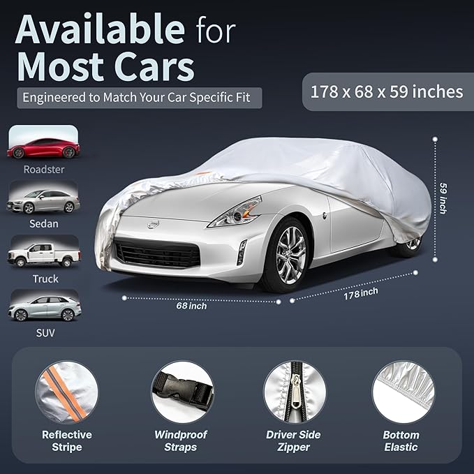 Car Cover Waterproof All-Weather,Heavy-Duty Outdoor Full Exterior Automobiles Snow Cover for Sedan/Coupe 166-178 inch,with Sun Visor,Anti-Scratch Cotton Lining & Zippered,Towel&Storage Bag