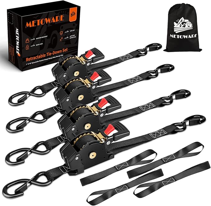 METOWARE Retractable Ratchet Straps (4-Pack) - 1" x 10' (1500lb Break Strength) - Heavy Duty Auto Self Retracting Tie Down Straps for Truck, Trailer, Cargo Van, Motorcycle - Black