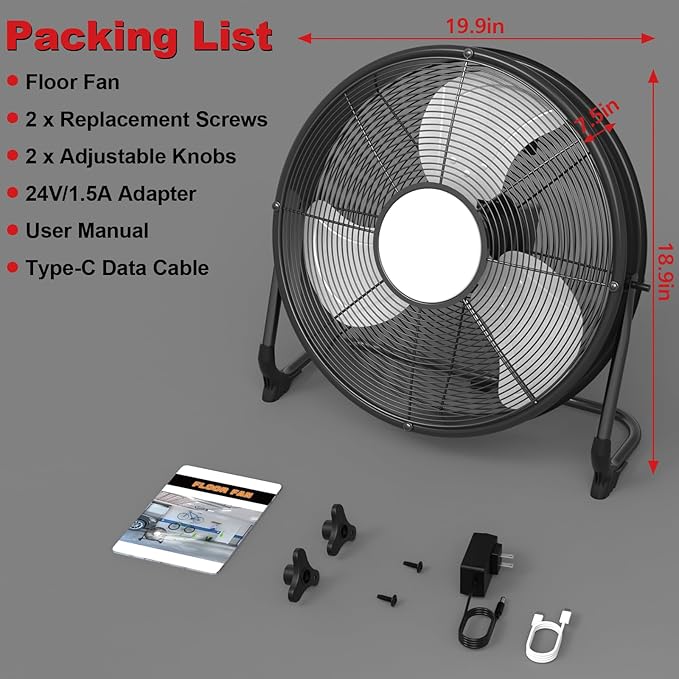 16" Battery Operated Floor Fan with Light Compatible with Milwaukee M18 18V Battery, Portable Fan with AC Adapter and USB Output, Metal High Velocity, Stepless Speed Cordless Fan for Jobsite Camping