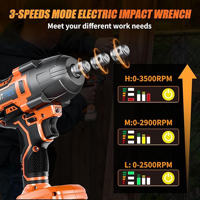 Protmex Cordless Impact Wrench, 900Ft-lbs (1200N.m) 1/2" Brushless Impact Gun, 21V High Torque Power Impact Driver, 2x4.0Ah Batteries Electric Impact Motor Variable Speeds for Car/Pickup Truck/Mower