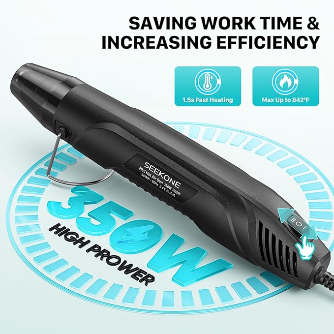 SEEKONE 350W Mini Heat Gun with Dual-Temp Model 500℉ & 842℉(260℃& 450℃), Hot Air Gun with Overload Protection and Reflector Nozzle for Heat Shrinking Tubes, Shaping, PVC Tubing（Black）