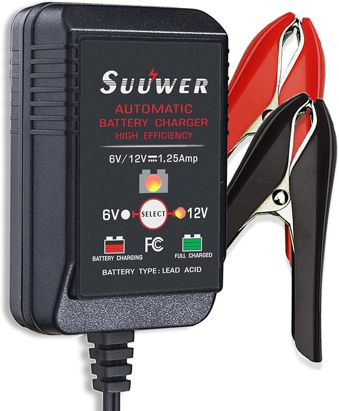 6V/12V 1.25A Fully-Automatic Smart Battery Charger, Trickle Charger&Battery Maintainer with 12FT Power Cord, SAE Connector, Alligator Clips, OT Terminals for Car Motorcycle ATV Boat Lawn Mower