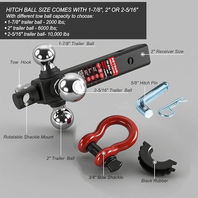 Trailer Hitch Tri-Ball Mount: with Swivel Tow Shackle and Tow Hook, fits for 2-inch Receiver, Chrome Trailer Ball Size 1-7/8", 2" and 2-5/16" and 5/8" Hitch Pin Kit