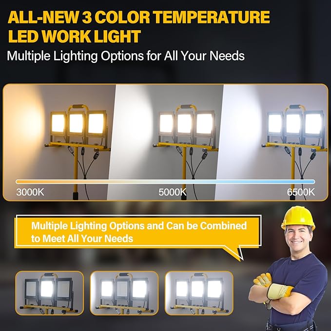 Portable LED Work Lights with Stand, 31000 Lumen 3 Head Work Lights with Individual Switch (3000K/5000K/6500K Selectable) & 16.5FT Cord, IP66 Waterproof Foldable Tripod Stand Worklights for Outdoor
