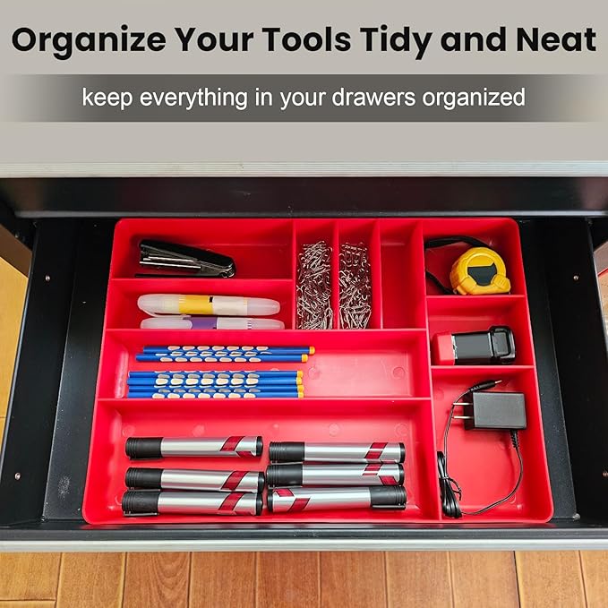 10-Compartments Tool Organizer Tray, Tool Drawer Organizer Tray, Tool Box Organizer, Stackable Toolbox Organization Holder for Small Parts, Bolts and Batteries (1, Red)