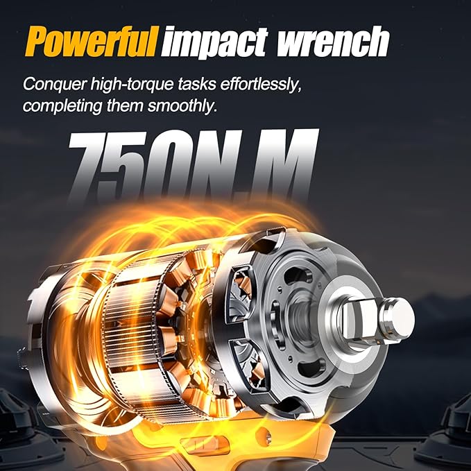 1/2 inch Brushless Impact Wrench 750N.m(553 Ft-lbs) 20V High Torque Impact Gun with 4.0AH Battery and Fast Charger Cordless Impact Driver for Car,Construction,Building,DIY