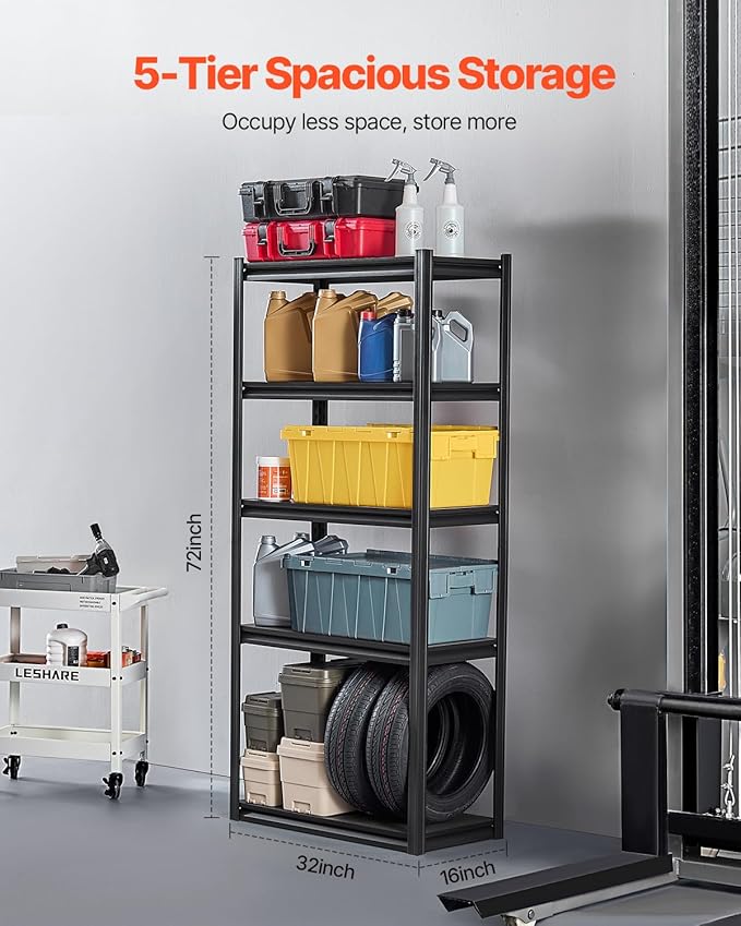 VEVOR Storage Shelves, 2000 lbs, 5 Tier Garage Storage Shelving, 16" D x 32" W x 72" H Adjustable Metal Shelves for Garage Shelves Utility Rack Shelf, Ideal for Kitchen, Warehouse, Basement, Black