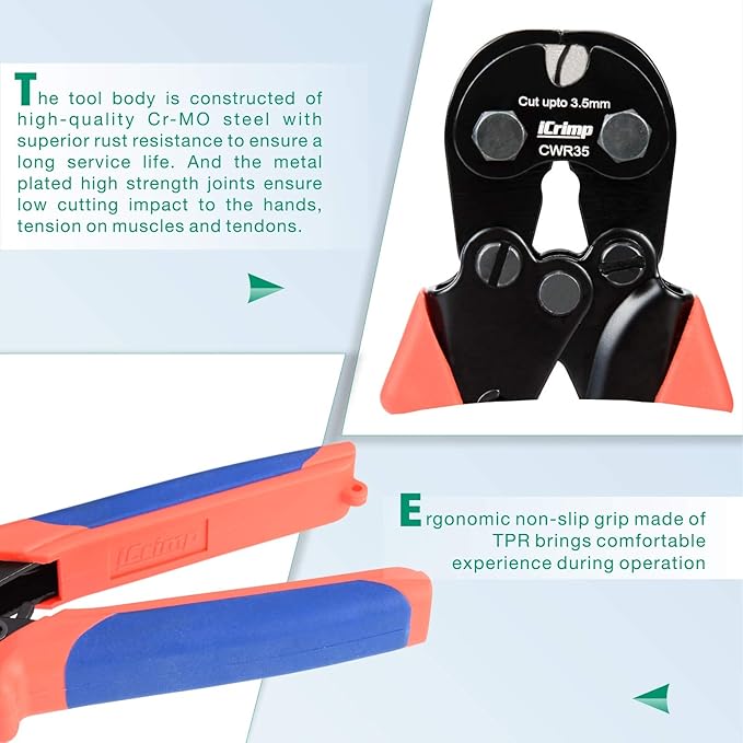 iCrimp 3.5mm Ratchet Wire Rope Cutter with 61 HRC Hardened Blade for Bicycle, Aircraft, Copper & Piano Cables, CWR35