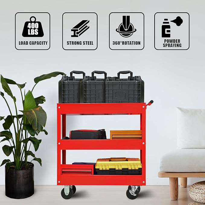 BIG RED Steel Rolling Service Tool Cart with 3 Tires , Heavy Duty Utility Cart on Wheels with Two Brake for Office，Kitchen，warehouse,400 lbs Capacity,Red