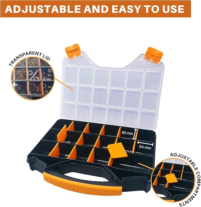 Massca Hardware Organizer box with dividers - 18 Compartments Small Parts Organizer with Accessible Hinged Lid - Durable Plastic Screw Organizer Store Nuts, Bolts, Screws, Nails, & Small Hardware