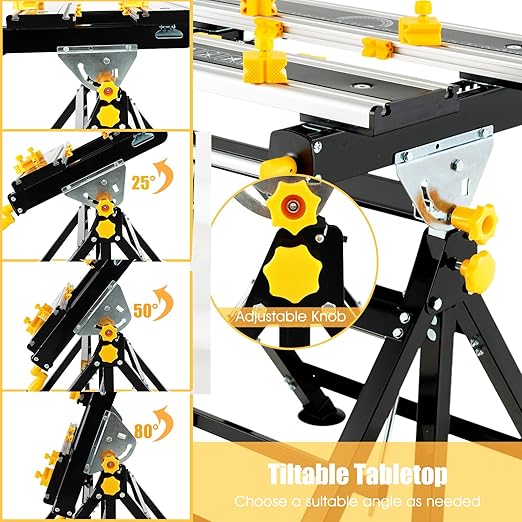Portable Workbench, Folding Work Bench and Vise with 2 Rotary Handles, 7-Level Adjustable Height, 8 Sliding Clamps, Tiltable & Extendable Tabletop, Workbench Table for Garage, Workshop