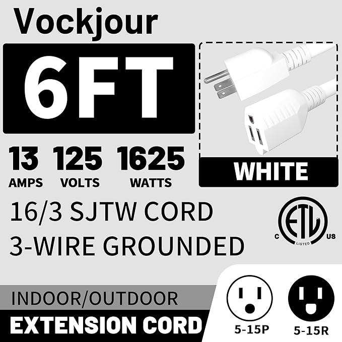 16/3 White Indoor Outdoor Extension Cord 6 Ft Waterproof, Extension Cord with 3 Prong Grounded Plug,13A 1625W 16AWG SJTW, Flexible Weatherproof Power Cable