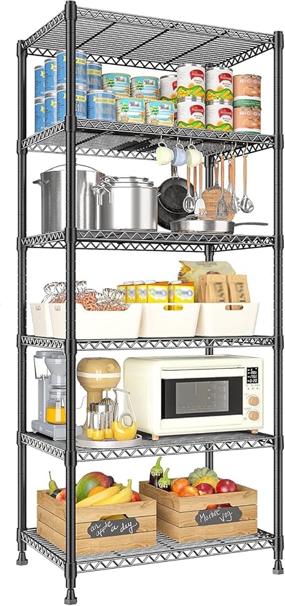 Xcity Storage Shelves, 6 Tier Heavy Duty Metal Shelving Unit, 2400 LBS Capacity Adjustable Steel Wire Shelf Organizer for Pantry, Kitchen, Garage, 14" D x 30" W x 70" H, Black