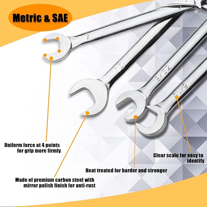 SPEEDWOX Mini Double Open End Wrench Set, 10-Piece Metric & SAE, Super-Thin Angled Heads, Made of Premium Carbon Steel, Includes Storage Pouch