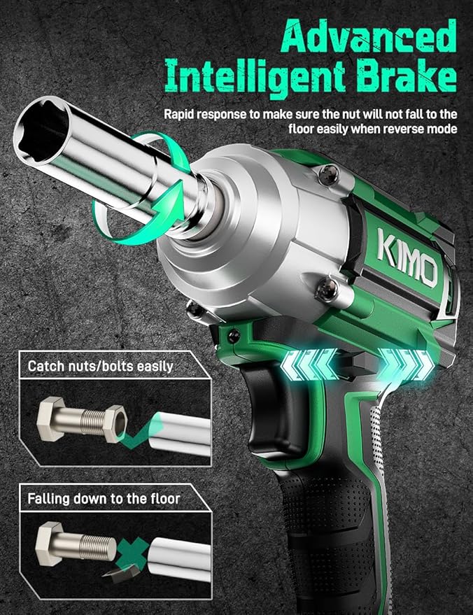 KIMO Cordless Impact Wrench, 1200N.m/900ft-lbs, 4000 RPM, 7Sockets High Torque Brushless Wrench with 3/8" Chuck, 4000mAh Li-ion Battery, Fast Charger, Variable Modes Power Impact Driver for Car Tires