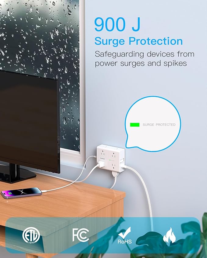 Surge Protector Power Strip 20 ft Cord, Flat Plug Extension Cord with 8 Outlets 4 USB Ports(2 USB C), 3 Side Wall Mount Outlet Extender, Long Extension Cord for Home Office Dorm Room Essentials