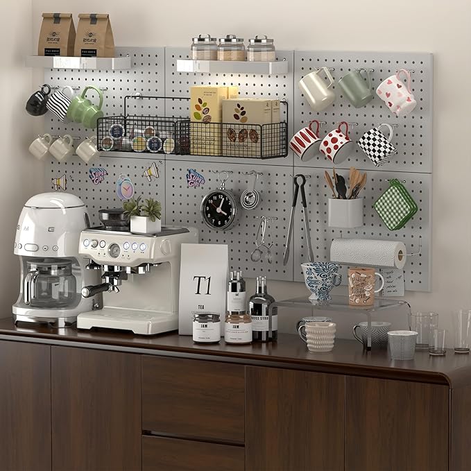 IRONFFICE Pegboard,Metal PegBoard Panels,Steel Wall Pegboard with 8 Pieces Hooks,Metal Peg Board Wall Organizer for Office,Crafts Organization, Ornaments Display,Grey
