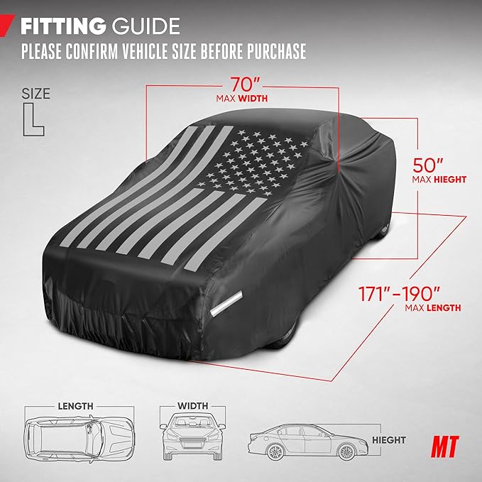 Motor Trend Black USA Flag Waterproof Car Cover - All Weather Outdoor Protection, UV Resistant, Windproof, Scratchproof - Semi-Universal Fit Sedan Full Car Cover for Sun Rain Snow (171”- 190” Length)