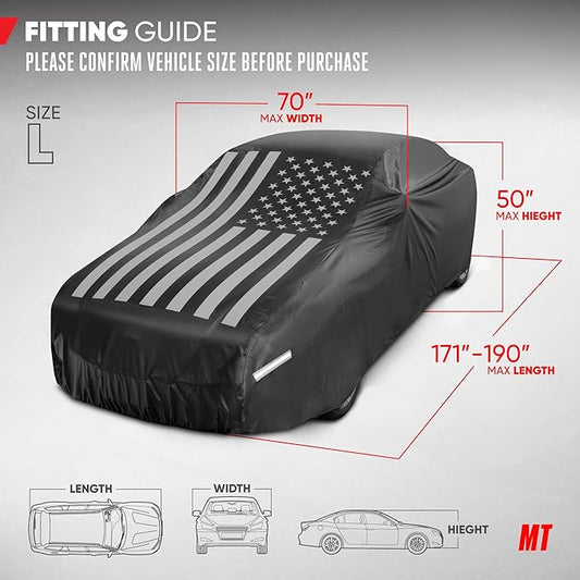 Motor Trend Black USA Flag Waterproof Car Cover - All Weather Outdoor Protection, UV Resistant, Windproof, Scratchproof - Semi-Universal Fit Sedan Full Car Cover for Sun Rain Snow (171”- 190” Length)