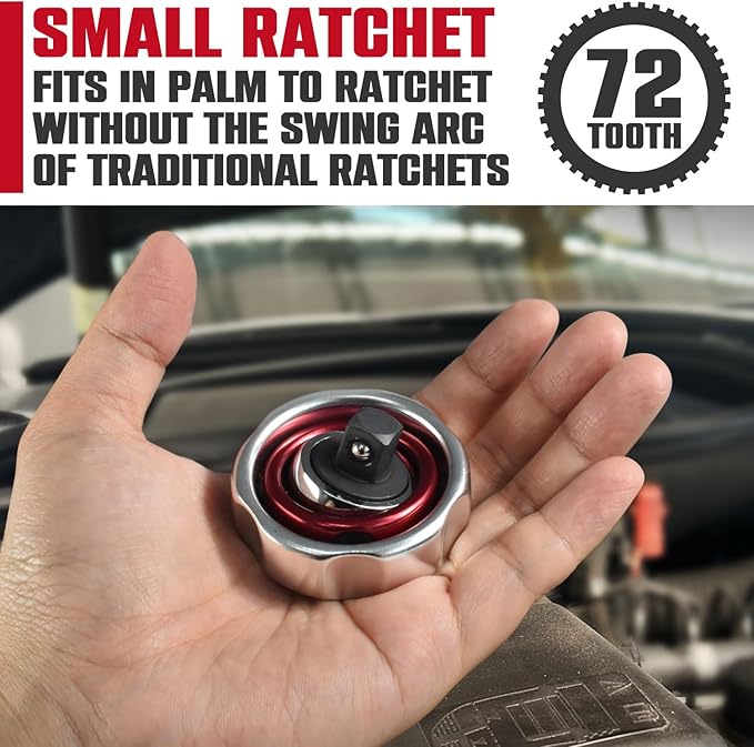 CROM 3/8" Drive Gimbal Palm Ratchet – 72-Tooth, Two-Axis, Reversible Finger Ratchet for Tight Spaces, Anodized Finish, Compact for One-Handed Control