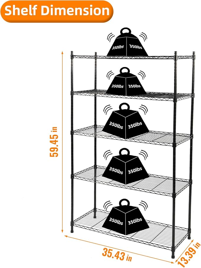 Elevon 5-Tier Storage Shelves, Adjustable Metal Wire Shelving Unit with Leveling Feet Heavy Duty Pantry Shelves Organizer Rack for Kitchen Garage Laundry Office Warehouse, 35"L x13.4"W x64.3"H, Black