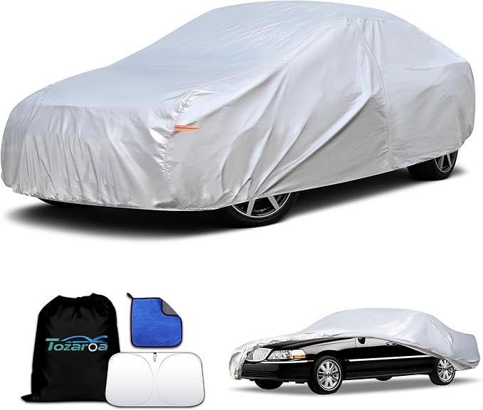 Car Cover Waterproof All-Weather,Heavy-Duty Outdoor Full Exterior Automobiles Snow Cover for Sedan 219-234 inch,with Sun Visor,Anti-Scratch Cotton Lining & Zippered,Towel&Storage Bag