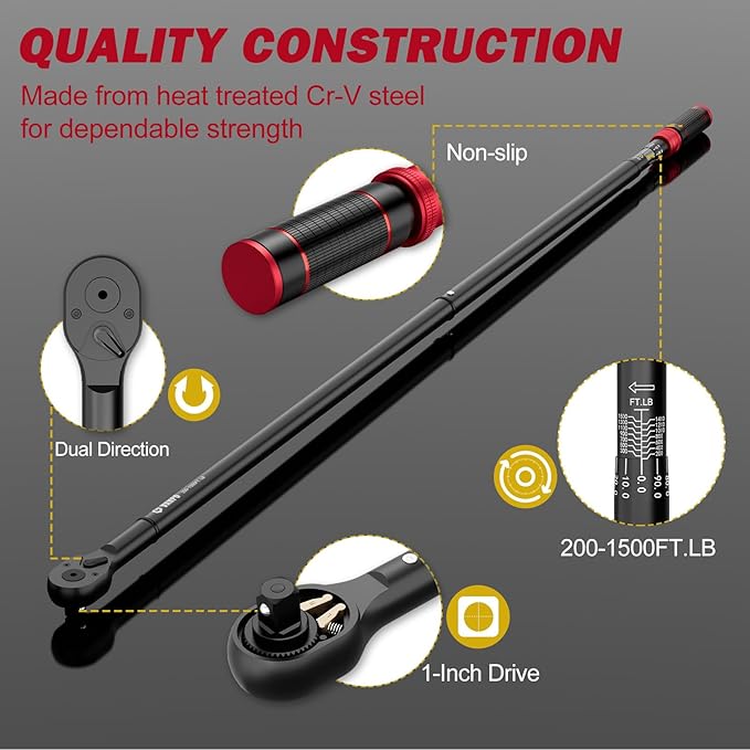 VANPO 1-inch Drive Click Torque Wrench, 200-1500 Ft-Lb/ 271.0-2032.5 Nm, 70.87" Length, 24-Tooth, Heavy-Duty Torque Wrench Set with Hex Key for Construction Equipment & Large Engines