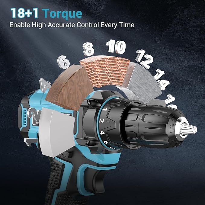 21V Power Drill Cordless, Bamse Electric Drill Set with 2.0Ah Battery Charger, 3/8”Keyless Chuck, 2 Variable Speed, 18+1 Torque, 20pcs Driver Bits and Belt Hook for DIY Projects, Blue