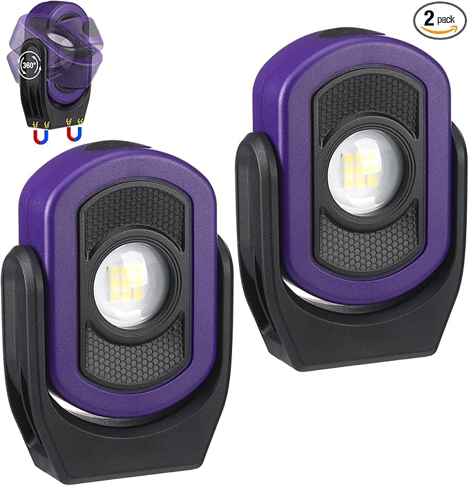 Retisee 2 Pack 780 Lumens Magnetic Work Light USB Rechargeable LED Flashlight Portable Inspection Light for Car Repair Emergency Lighting Mechanics Workshop (Purple-2PK)