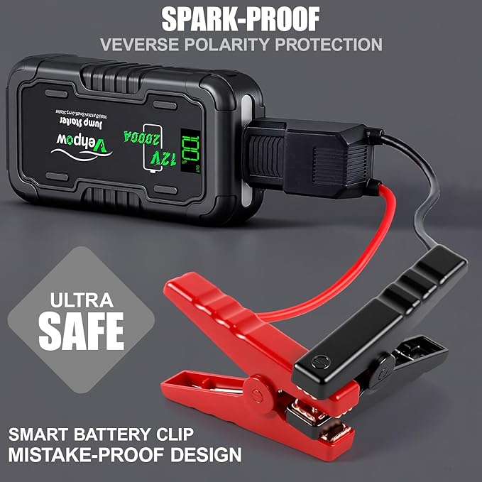 2000A Jump Starter, Car Battery Jump Starter - 12V Lithium Booster Pack, 20000mAh Portable Jump Box, Power Bank & Emergency LED Light, Jumper Cables - for 8.0L Gas and 6.0L Diesel Engines