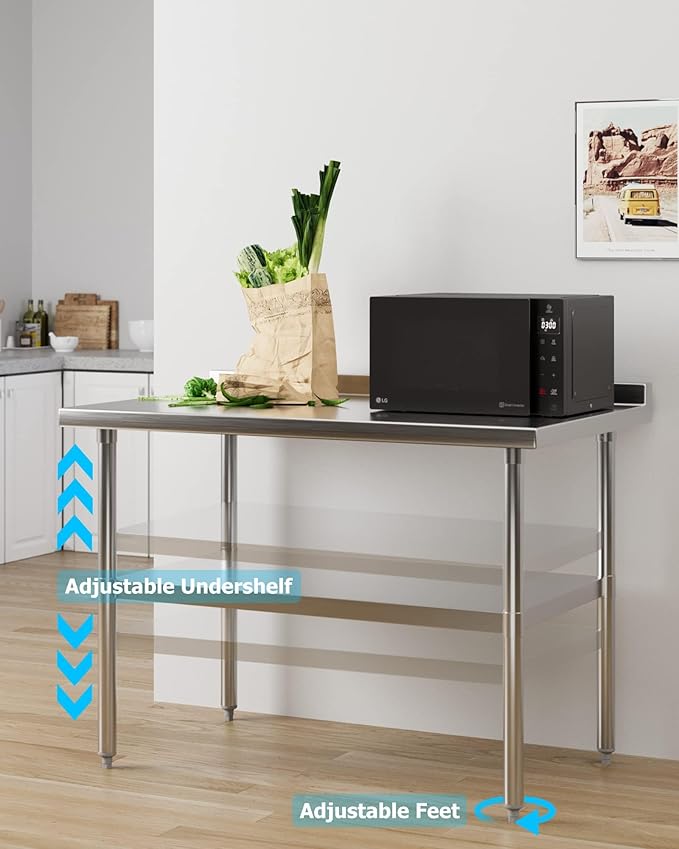 DEXSO Stainless Steel Table[48" X 24"][NSF Certified] with Undershelf[Backsplash] Heavy Duty Metal Commercial Kitchen Table for Home, Restaurant, Hotel