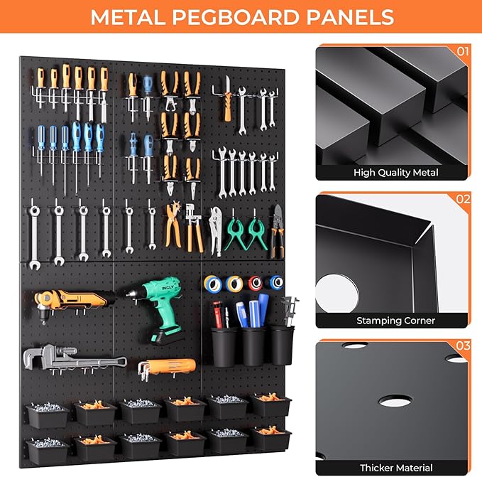 INCLY 226PCS Metal Pegboard Wall Organizer, 48x36 Inch Black Peg Board Panels Tool Organizer Kit with Hooks Bins and Cups, Peg Board Storage System for Garage Workbench Shed