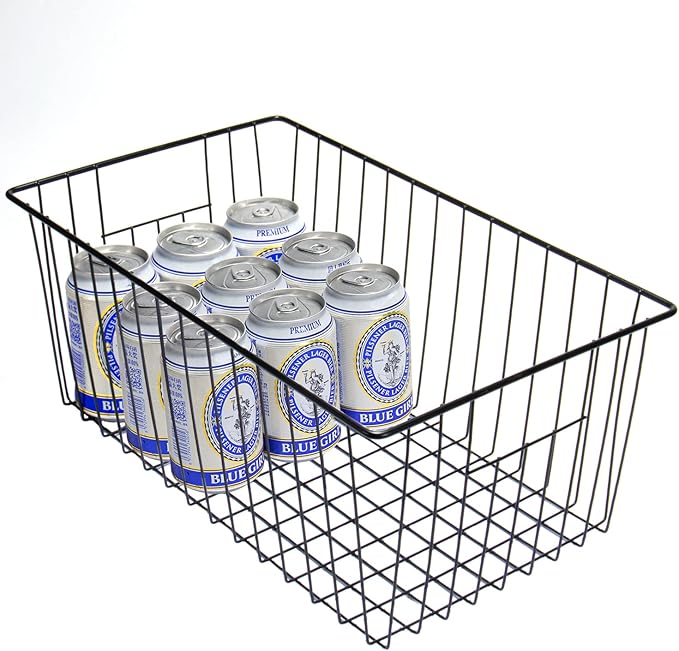 16inch Freezer Storage Organizer Baskets, Refrigerator Metal Wire Basket Bins with Handles for Kitchen, Pantry, Cabinet, Closets(Black, 3Pack)