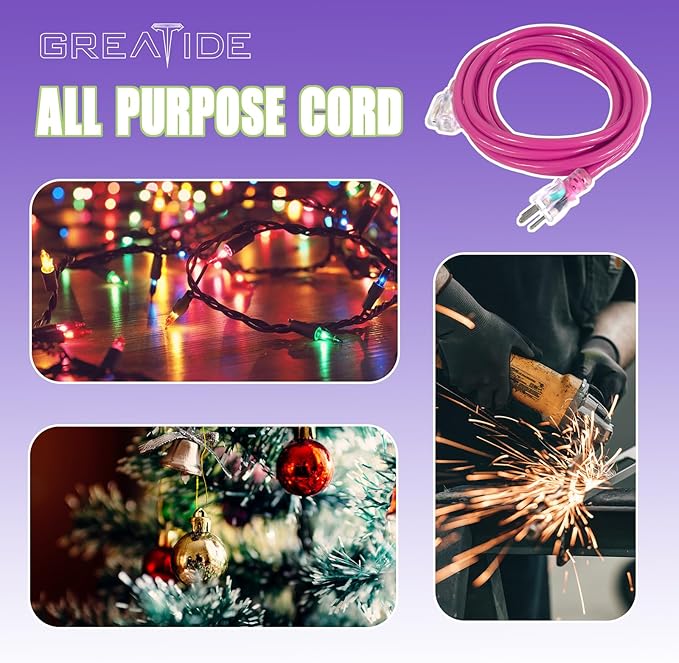 Outdoor Extension Cord with Lighted End, 12 Gauge Heavy Duty 25 FT, 3 Prong Grounded 15 Amp Extension Cord, 12/3 SJTW Waterproof Power Cord for Appliance, UL Listed, Pink