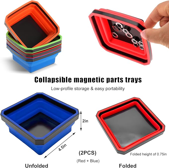 2 PCS Collapsible Magnetic Parts Tray, 4.5 Inch Foldable Magnetic Square Silicone Tray, Tool Tray Set with Double-Sided Magnetic Base for Screw Bolts Nuts Pins, Car Accessories (Red+Blue)