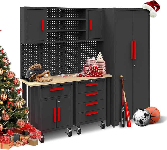 Torin Garage Storage Cabinets System, 6-Pcs Workshop Cabinet Set in Black, Included Steel Cabinets Drawers Rolling Chest and Pegboard,Locked Garage Storage Cabinet