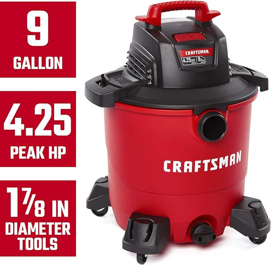 CRAFTSMAN CMXEVBE17590 9 Gallon 4.25 Peak HP Wet/Dry Vac, Portable Shop Vacuum with Attachments and Additional Dust Collection Bags