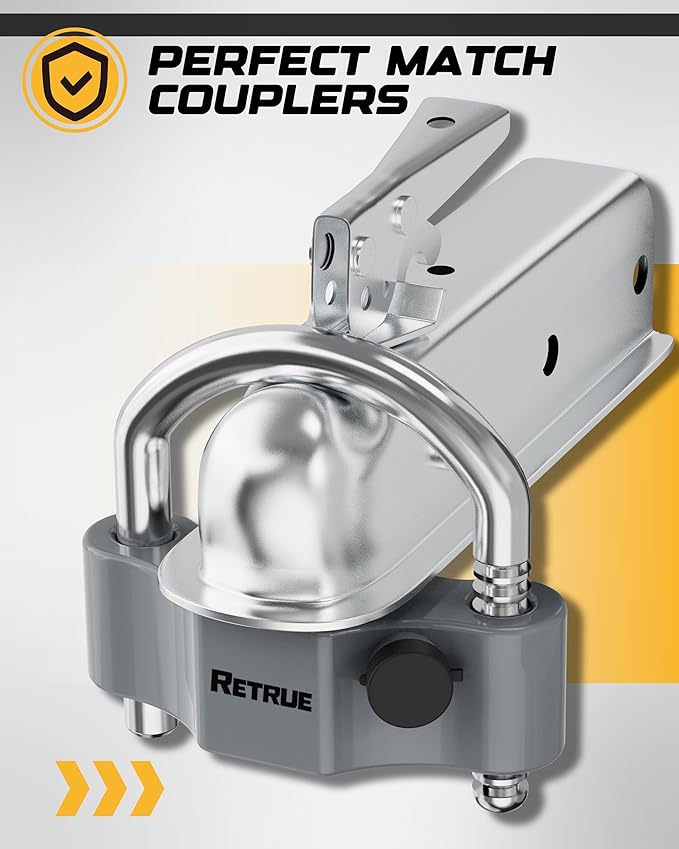 RETRUE Heavy-Duty Universal Widened Coupler Lock Fits 2-5/16 Inch Trailer Ball Locks Hitch Trailer Hitch Lock Adjustable Security Steel Fits 1-7/8 Inch, 2 Inch, 2-5/16 Inch Couplers, Upgraded Gray