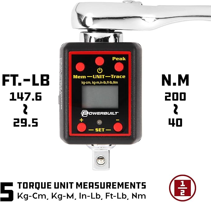 Powerbuilt 1/2-Inch Drive Digital Torque Adapter, 29-147 Ft-Lb and 40-200 Nm, Alert Signals Torque Setting, Electronic Torque Wrench Converter with Digital Display, ±1% Accuracy - 940962