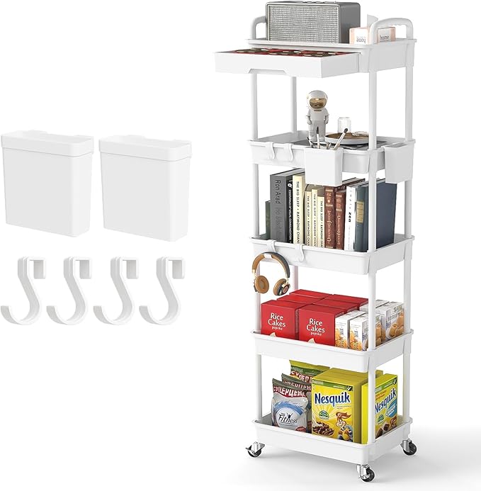 5 Tier Rolling Utility Cart with Drawer,REBECAT Utility Cart Made of Multifunctional Storage Organizer Tool for Kitchen,Bathroom,Living Room,Office(White)
