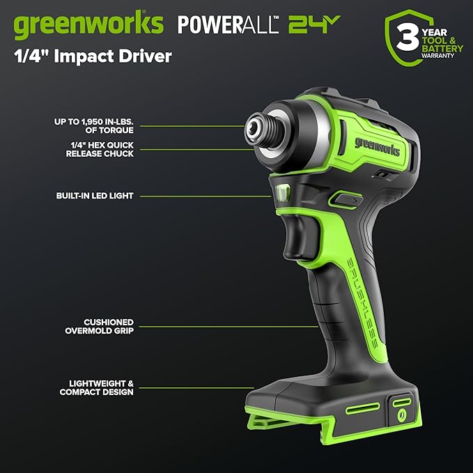 GREENWORKS 24V Combo (1/2” Drill + 1/4” Impact Driver + 6.5” Circular Saw + 200Lm Flashlight), 4.0Ah + 2.0Ah Batteries (24,000mAh PB), (2) Braided Cables, 65W Rapid Charger,High-Efficiency