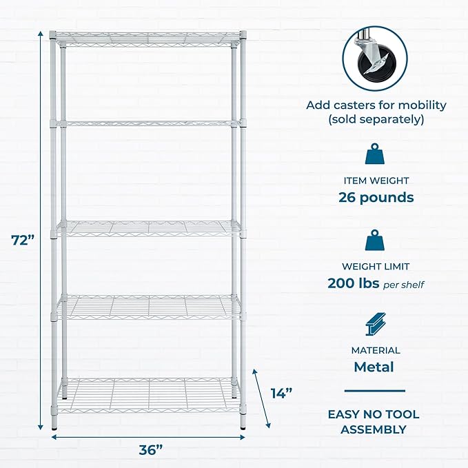 Honey-Can-Do 5-Tier Heavy-Duty Adjustable Shelves, Metal Storage Rack with 200-lb Shelf Capacity, White, 14" W x 36" L x 72" H