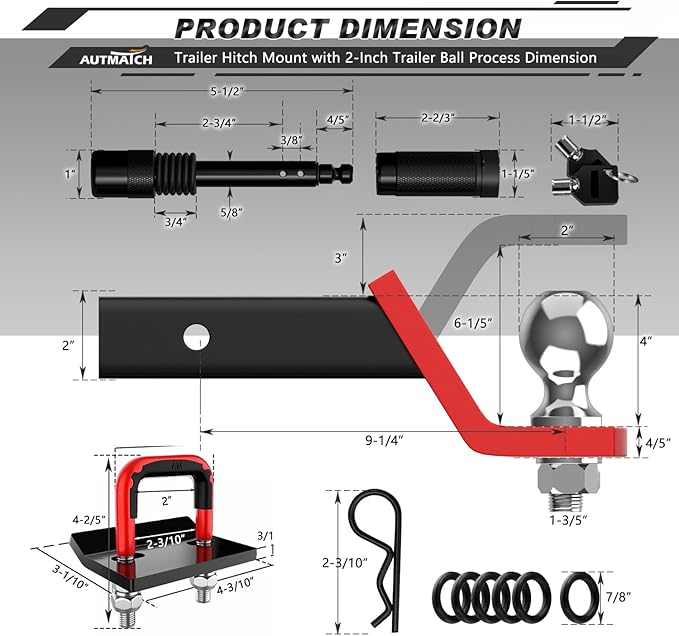 AUTMATCH Trailer Hitch Ball Mount with 2 Inch Hitch Ball - Fits 2" Receiver with Hitch Tightener, 8000Lbs Capacity Ball Hitch, 4-Inch Drop with 5/8" Hitch Lock Pin, Red & Black