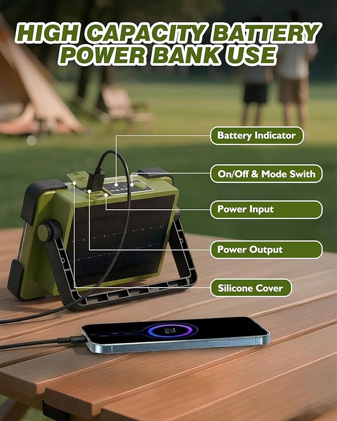 120W Solar Rechargeable Work Light, Portable Flood Light with Stand, 144 LED 10000LM Led Work Light with 4 Modes, IP66 Waterproof Outdoor Working Light for Emergency Repair Mechanic Camping