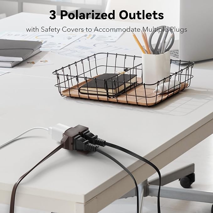 BN-LINK 6ft Indoor Extension Cord, 2 Pack, 3-Outlet Polarized Flat Cable, Household Power Cord for Home, Office, and Holiday Decorations, Brown