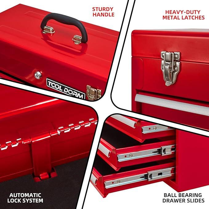 Metal Tool Box with 4 Drawers Portable Steel Tool Chest with Metal Cylinder Lock and Latch Closure, Liner, Red Powder coating, suitable for Garage, Warehouse and Outdoor Repair job